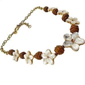 Talbots Carved MOP Flowers Woven Rattan Beads Rhinestones Gold Tone 21" Necklace